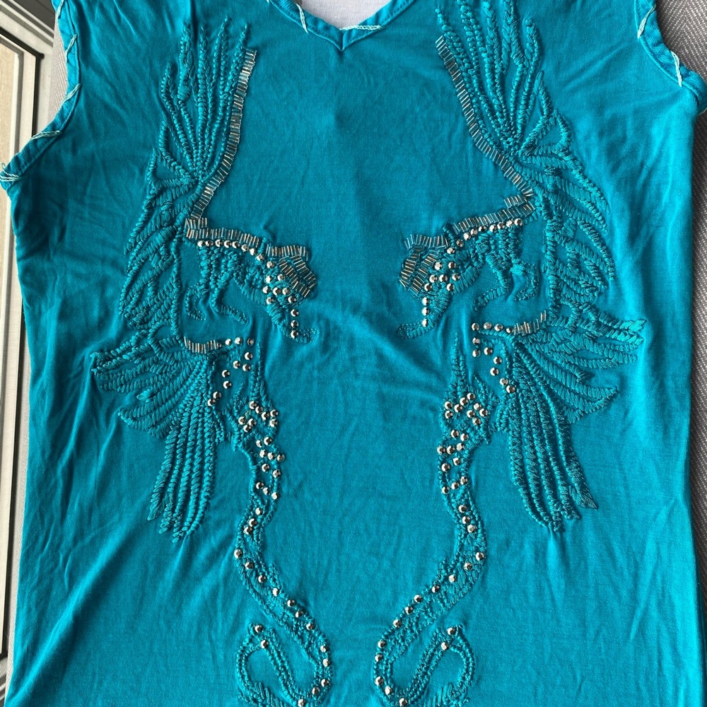 Parasuco turquoise v-neck top t-shirt with design - Picture 7 of 8